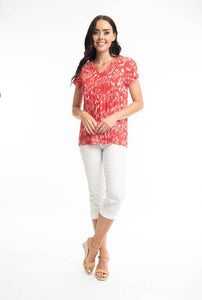 Orientique Giza Red Printed Organic Cotton Crinkle Pintuck Woven Blouse - Boutique on the Green 