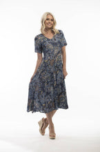 Load image into Gallery viewer, Orientique Lamu Blue Paisley Print Crinkled Short Sleeve Godet Midi Dress
