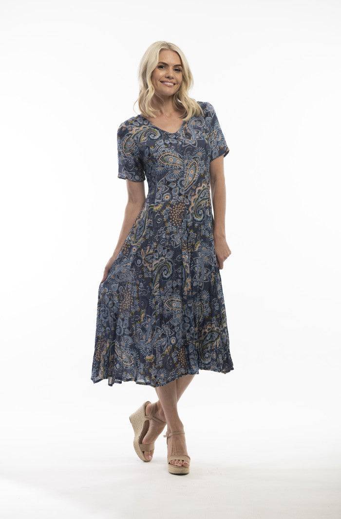Orientique Lamu Blue Paisley Print Crinkled Short Sleeve Godet Midi Dress