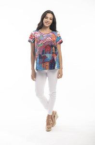 Orientique Marakesh Red Tile Print Organic Cotton Jersey Stretch Short Sleeve T-Shirt - Boutique on the Green 