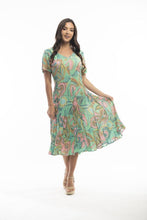 Load image into Gallery viewer, Orientique Mennago Blue Multi Colour Swirl Print Crinkled Short Sleeve Godet Midi Dress
