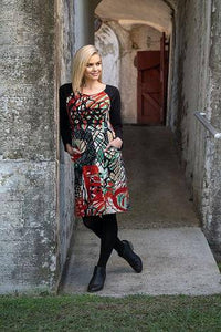 Orientique Round Neck Long Sleeve Multi Printed Jersey Dress With Front Pockets - Boutique on the Green 