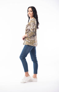 Orientique Zeus Olive Green Mix Jersey 3/4 Sleeve Contemporary Swing Top - Boutique on the Green 