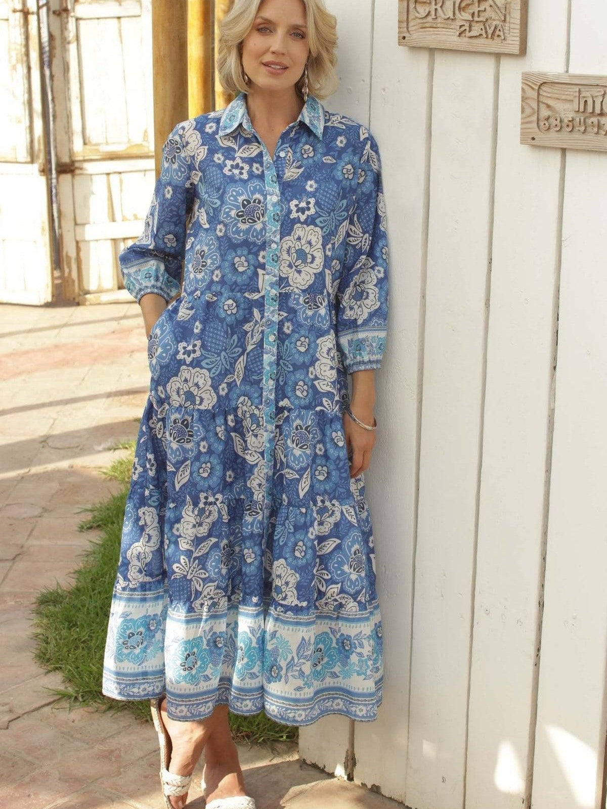Pomodoro batik border cotton voile tiered midi dress for a holiday dinner dress