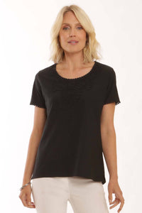 Pomodoro Black Pure Cotton Necklace Design Lace Applique Trim T-Shirt - Boutique on the Green 