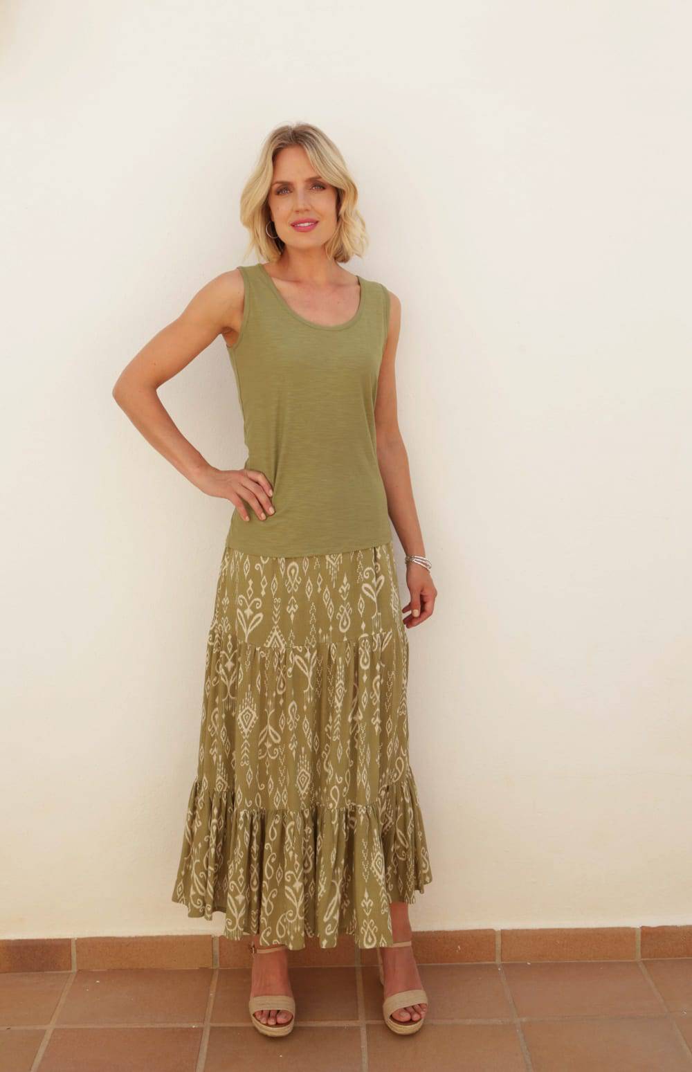 Pomodoro Khaki Aztek Printed Crepe Tiered Skirt