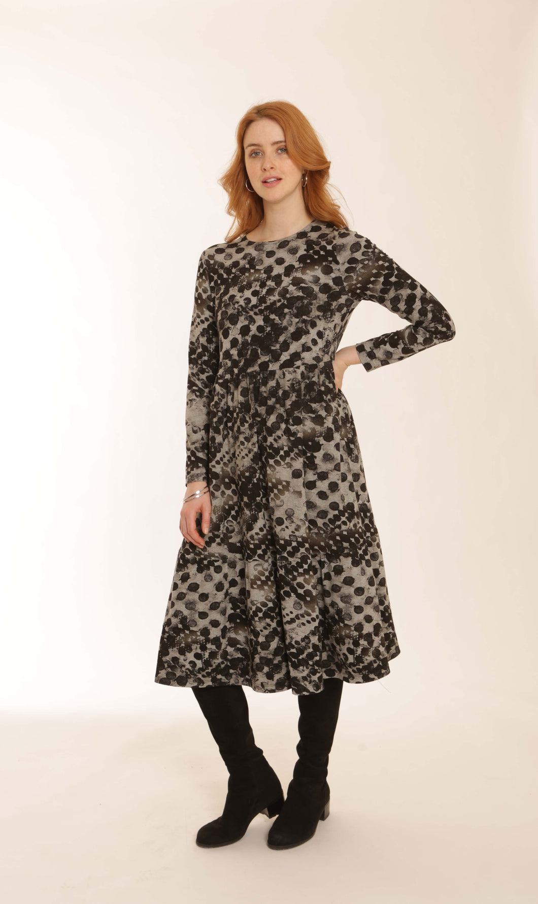 Pomodoro Multi Marl Print Jersey Stretch Long Sleeve Tiered Dress