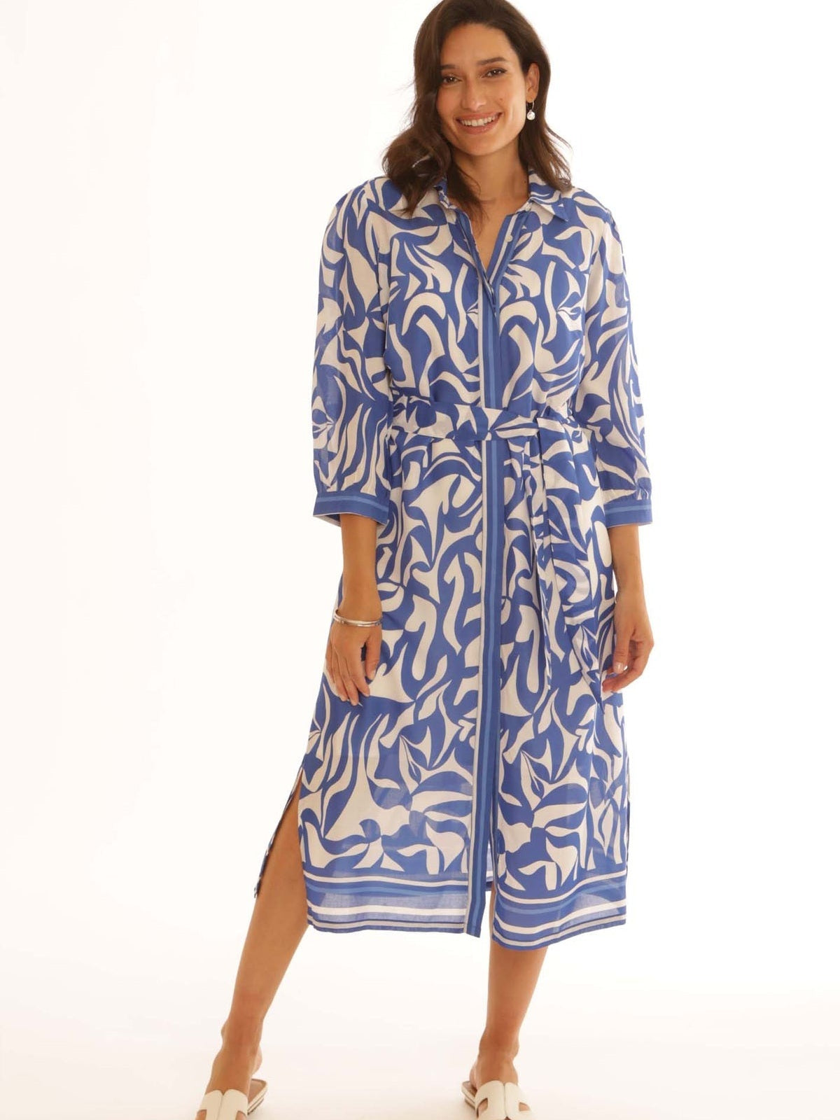 Pomodoro Wedgewood blue stripe border shirt dress for holiday evening dressing