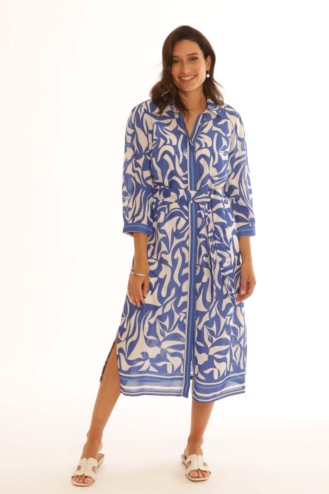 Pomodoro Wedgewood Blue Stripe Border Shirt Dress