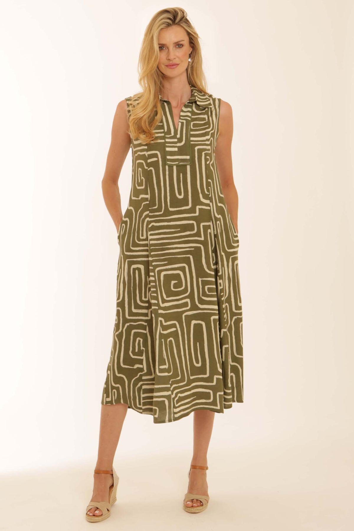 Pomodoro linen blend midi dress khaki summer dress UK