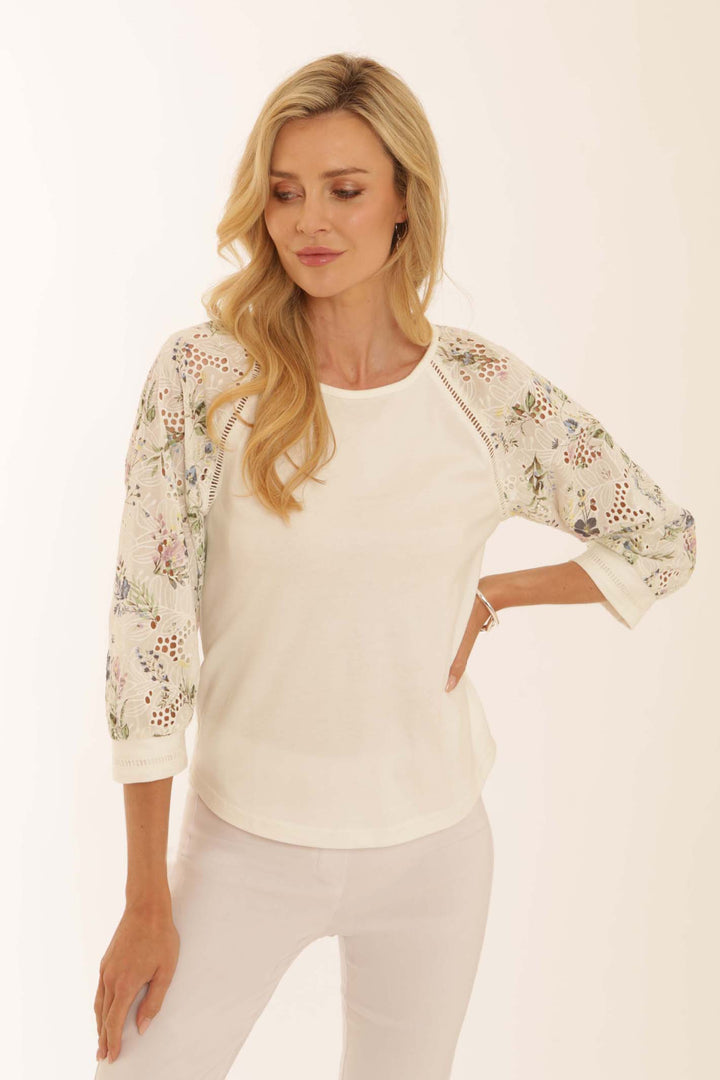 Pomodoro cotton broderie t shirt cream womens summer top UK