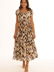Pomodoro Zig Zag Safari Print Crepe V Neck Midi Dress - Boutique on the Green 