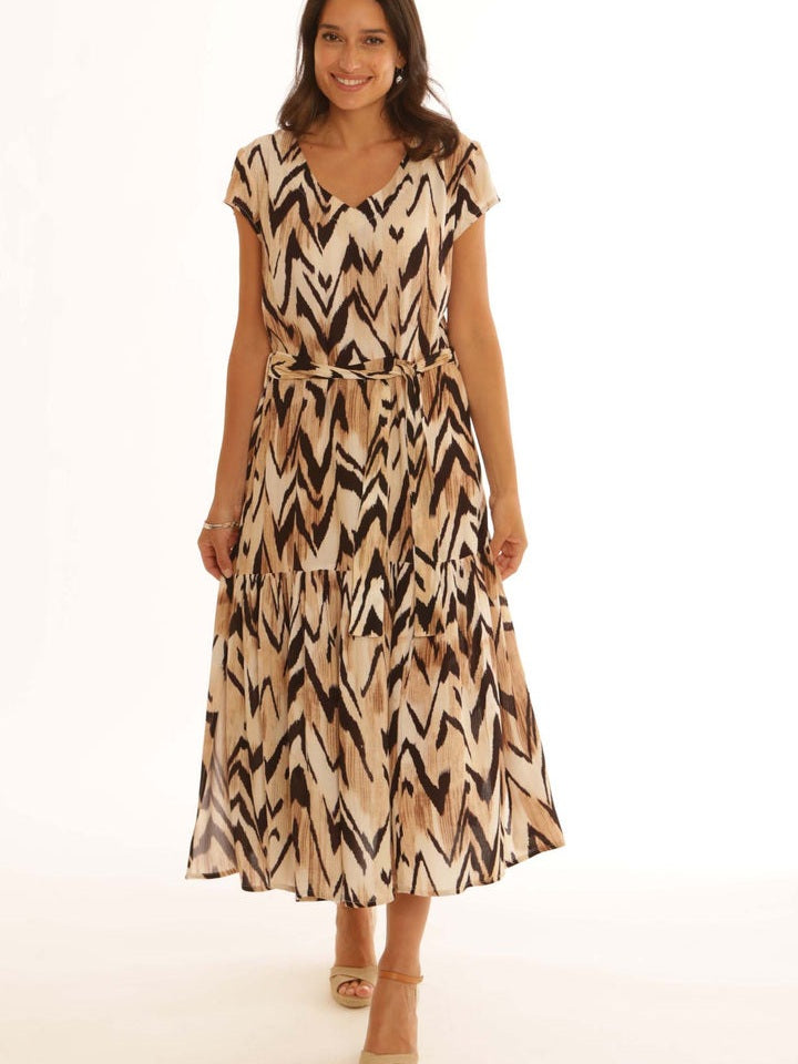 Pomodoro Zig Zag Safari Print Crepe V Neck Midi Dress - Boutique on the Green 