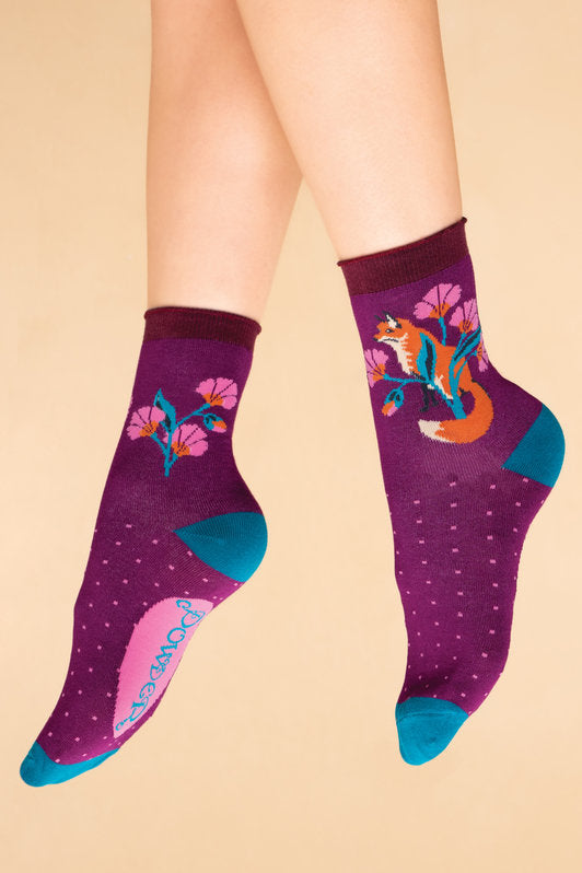 Powder Bamboo Fox In A Meadow Ankle Socks