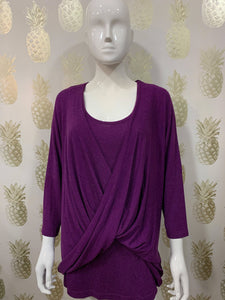Purple marl fine knit stretch loose fit twist front top with 3/4 sleeve & inner vest. 2 tops in 1.
