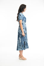 Load image into Gallery viewer, Orientique Agios Blue Palm Print Crinkled Short Sleeve Godet Midi Dress - Boutique on the Green 
