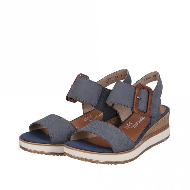 Remonte Blue Jean Suede Leather Criss Cross Strap Wooden Buckle Open Toe Wedge Sandal