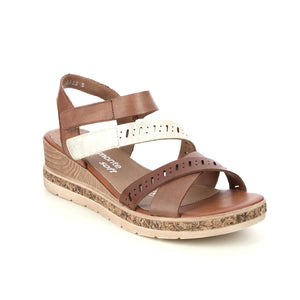 Remonte Tan Leather Cut Out Multi Straps Cork Trim Open Toe Wedge Sandal - Boutique on the Green 