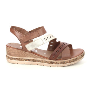 Remonte Tan Leather Cut Out Multi Straps Cork Trim Open Toe Wedge Sandal - Boutique on the Green 