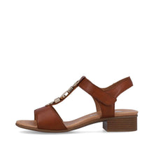 Load image into Gallery viewer, Remonte Brown Leather Decorative T-Bar Velcro Strap Open Toe Block Heel Sandal
