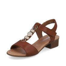 Load image into Gallery viewer, Remonte Brown Leather Decorative T-Bar Velcro Strap Open Toe Block Heel Sandal - Boutique on the Green 
