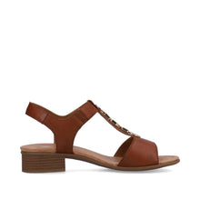 Load image into Gallery viewer, Remonte Brown Leather Decorative T-Bar Velcro Strap Open Toe Block Heel Sandal

