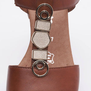 Remonte Brown Leather Decorative T-Bar Velcro Strap Open Toe Block Heel Sandal