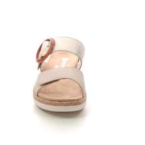 Remonte Leather Light Gold Double Strap Velcro Cork Trim Comfort Open Toe Slip On Mule - Boutique on the Green 