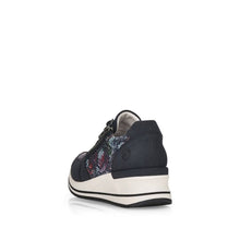 Load image into Gallery viewer, Remonte Navy Snake Trim Lace Up &amp; Zip Wedge Trainer
