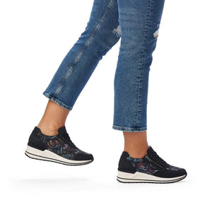 Remonte Navy Snake Trim Lace Up & Zip Wedge Trainer