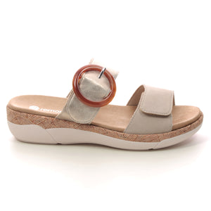 Remonte Leather Light Gold Double Strap Velcro Cork Trim Comfort Open Toe Slip On Mule - Boutique on the Green 