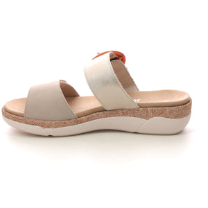 Remonte Leather Light Gold Double Strap Velcro Cork Trim Comfort Open Toe Slip On Mule - Boutique on the Green 