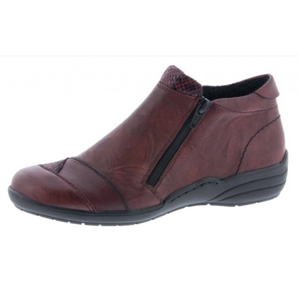 Remonte Red Double Zip Leather Toe Trim Flat Ankle Bootie
