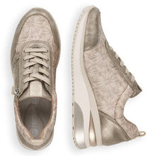 Load image into Gallery viewer, Remonte Soft Gold Metallic Floral Lace &amp; Zip Wedge Trainer
