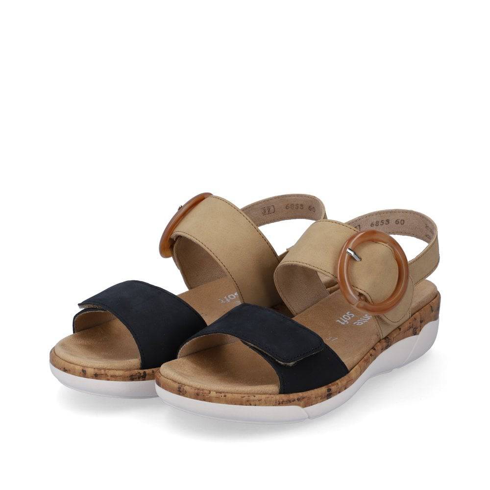 Remonte Suede Leather Double Strap Velcro With Cork Trim Open Toe Comfort Sandal