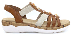 Remonte Tan Beaded T-Bar Open Toe Comfort Sandal