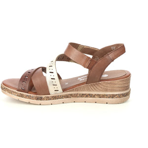 Remonte Tan Leather Cut Out Multi Straps Cork Trim Open Toe Wedge Sandal - Boutique on the Green 