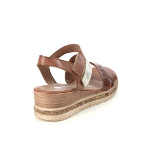 Remonte Tan Leather Cut Out Multi Straps Cork Trim Open Toe Wedge Sandal - Boutique on the Green 