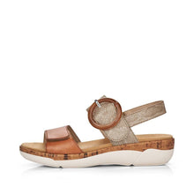 Load image into Gallery viewer, Remonte Tan &amp; Metallic Leather Velcro &amp; Buckle Open Toe Sandal
