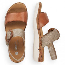 Load image into Gallery viewer, Remonte Tan &amp; Metallic Leather Velcro &amp; Buckle Open Toe Sandal
