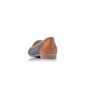 Rieker Suede Leather Navy & Tan Punch Out Slip On Moccasin - Boutique on the Green 