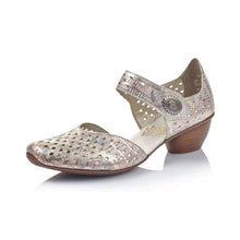 Load image into Gallery viewer, Rieker metallic leather cut out full toe heel shoe
