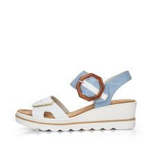 Load image into Gallery viewer, Rieker Blue &amp; White Velcro Straps Octagon Buckle Open Toe Wedge Sandal - Boutique on the Green 
