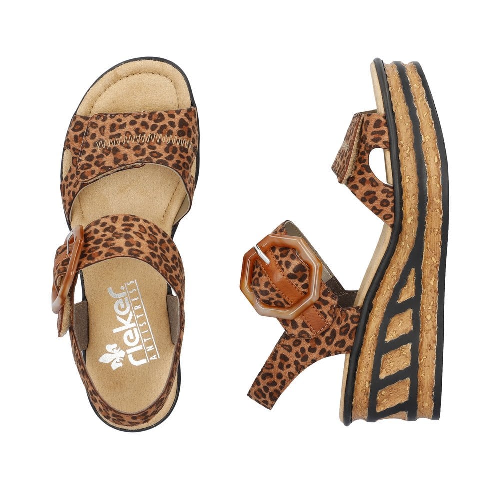 Rieker Animal Print Double Velcro Strap Platform Wedge Sandal With Decorative Buckle