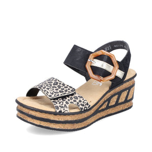 Rieker Black & Animal Velcro Straps Octagon Buckle Open Toe Cork Wedge - Boutique on the Green 