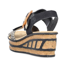 Load image into Gallery viewer, Rieker Black &amp; Animal Velcro Straps Octagon Buckle Open Toe Cork Wedge - Boutique on the Green 
