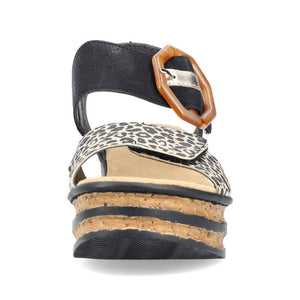 Rieker Black & Animal Velcro Straps Octagon Buckle Open Toe Cork Wedge - Boutique on the Green 