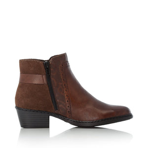 Rieker Brown Leather & Suede Buckle Trim Heeled Ankle Boot - Boutique on the Green 