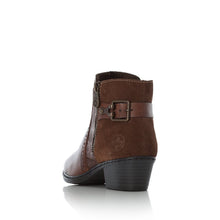Load image into Gallery viewer, Rieker Brown Leather &amp; Suede Buckle Trim Heeled Ankle Boot - Boutique on the Green 
