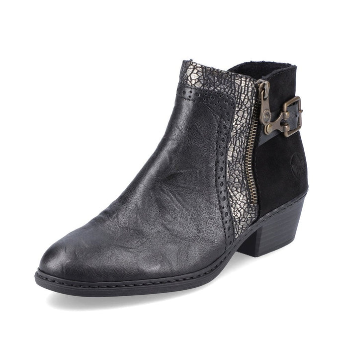Rieker Black Leather & Suede Buckle Trim Heeled Ankle Boot - Boutique on the Green 
